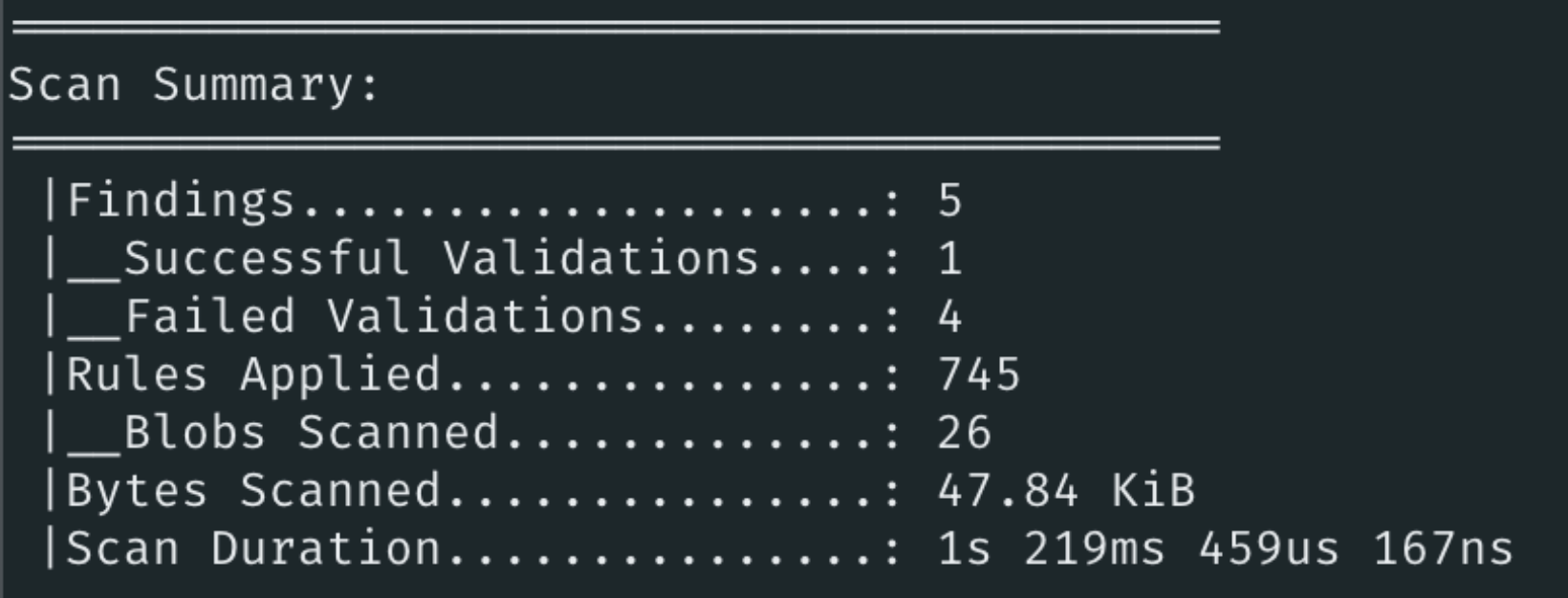 Screenshot of the scan summary produced by Kingfisher with the stats of what was scanned and what it found.